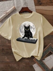 Black Cat Playing Keyboard Under Moon 180g Milk Silk Double Grinding Women's T-Shirt,Comfortable,Suitable,Casual Versatile Tops, Street Wear, Daily Outfits, Free Shipping - 杏色 - 查看 4