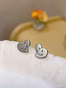 1 Đôi bông tai thời trang tối giản hình mặt cười và trái tim rỗng bằng bạc, trang sức thép không gỉ, quà tặng đôi unisex, bông tai phong cách tối giản hàng ngày. - Bạc - Xem 6
