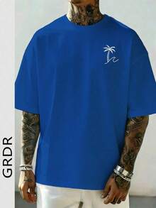 Camiseta de manga corta con estampado de palmeras y cuello redondo para hombre GRDR, casual y a la moda. - Azul - Ver 7