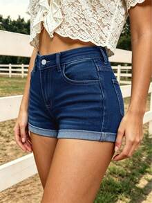 Shorts vaqueros casuales con bordado de plumas al estilo occidental y elástico para mujer - Azul lavado medio - Ver 4