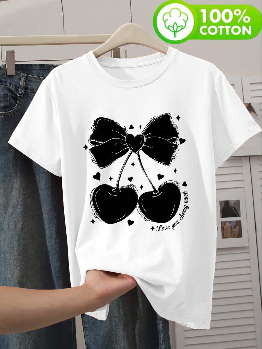 Áo thun nữ cổ tròn tay ngắn bằng chất liệu cotton nguyên chất, kiểu dáng thoải mái, dễ mặc. Họa tiết in hình quả anh đào và nơ, thích hợp cho đi làm, đi học và những buổi đi chơi thường ngày vào mùa xuân, hè và thu. Màu trắng. - trắng - Xem 1