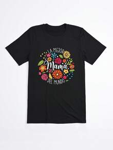 Camiseta Negra con Estampado Floral y Texto La Mejor Mama del Mundo para Mujer Casual - Negro - Ver 2