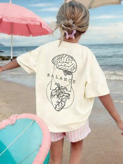 1 pieza Camiseta de manga corta de estilo francés casual para niñas, camiseta con estampado vintage de cerebro y corazón, top con tema literario infantil, versátil camiseta de cuello redondo, camiseta con ambiente de salida de estudiantes