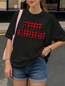 Camiseta negra con estampado I'mon calisse para mujer estilo casual verano - Negro - Ver 1