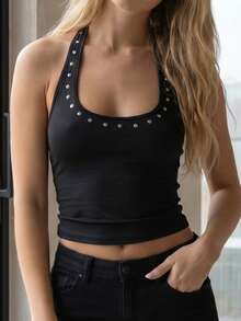 Women's Black Polyester Studded Cropped Camisole Top, Medium Stretch Casual Summer - Black - View 3