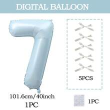 7pcs Blue Number Balloon Set, Bow Tie DIY Decor, Blue Number (0-9) Foil Balloons, Includes Glue, Suitable For Birthday Party, Room Decor, Anniversary, Photo Props, Princess Party Decoration - Baby Blue + Bow - View 13