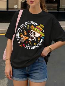 Camiseta Negra Cinco De Drinko Bitchachos con Calavera y Sombrero para Fiesta Mexicana - Negro - Ver 1