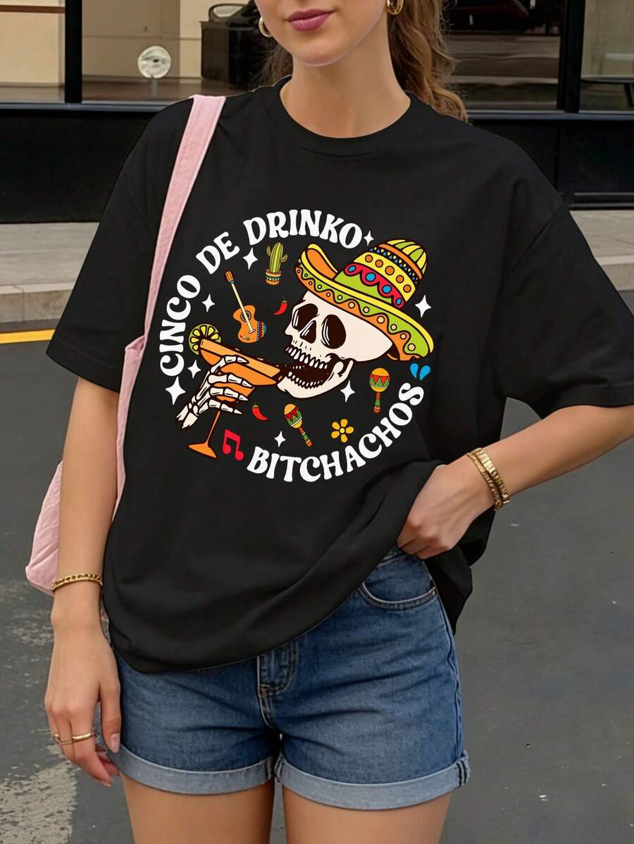 Camiseta Negra Cinco De Drinko Bitchachos con Calavera y Sombrero para Fiesta Mexicana - Negro - Ver 1