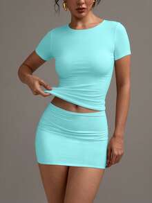 XLLAIS 2026 Damen Rundhals Kurzarm Basic einfarbiges figurbetontes Lässig T-Shirt, Sommer - Lichtblau - Übersicht 7