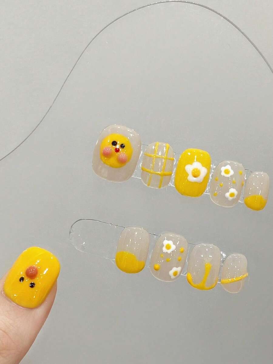 10片手工短橢圓形穿戴式假指甲,檸檬黃與裸色,3D鴨蛋格紋圖案,可愛分層設計 - 黃色 - 查看 1