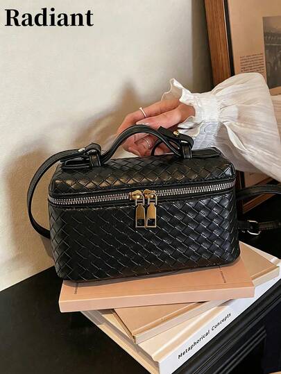 1 pieza Bolso bandolera de mujer de moda , bolso cuadrado minimalista de unicolor, con textura trenzada de piel sintética, cierre con cremallera, correa ajustable, bolso casual diario, adecuado para mujeres jóvenes - viajes, trabajo, compras, citas, regalo para mujeres, oficina