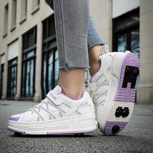 Girls/Boys 4-Wheel Adjustable Inline Skates With Brake, Transformable Roller Shoes, Suitable For All Seasons - White and Purple Four-wheel - View 3