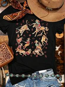 Western-Style Country Shirt Denim T-Shirt,Comfortable Short Round-Neck Inspired Shirt For Girls,Suitable For Outdoor, Home,Work,Or Street Casual Wear - 黑色 - 查看 1