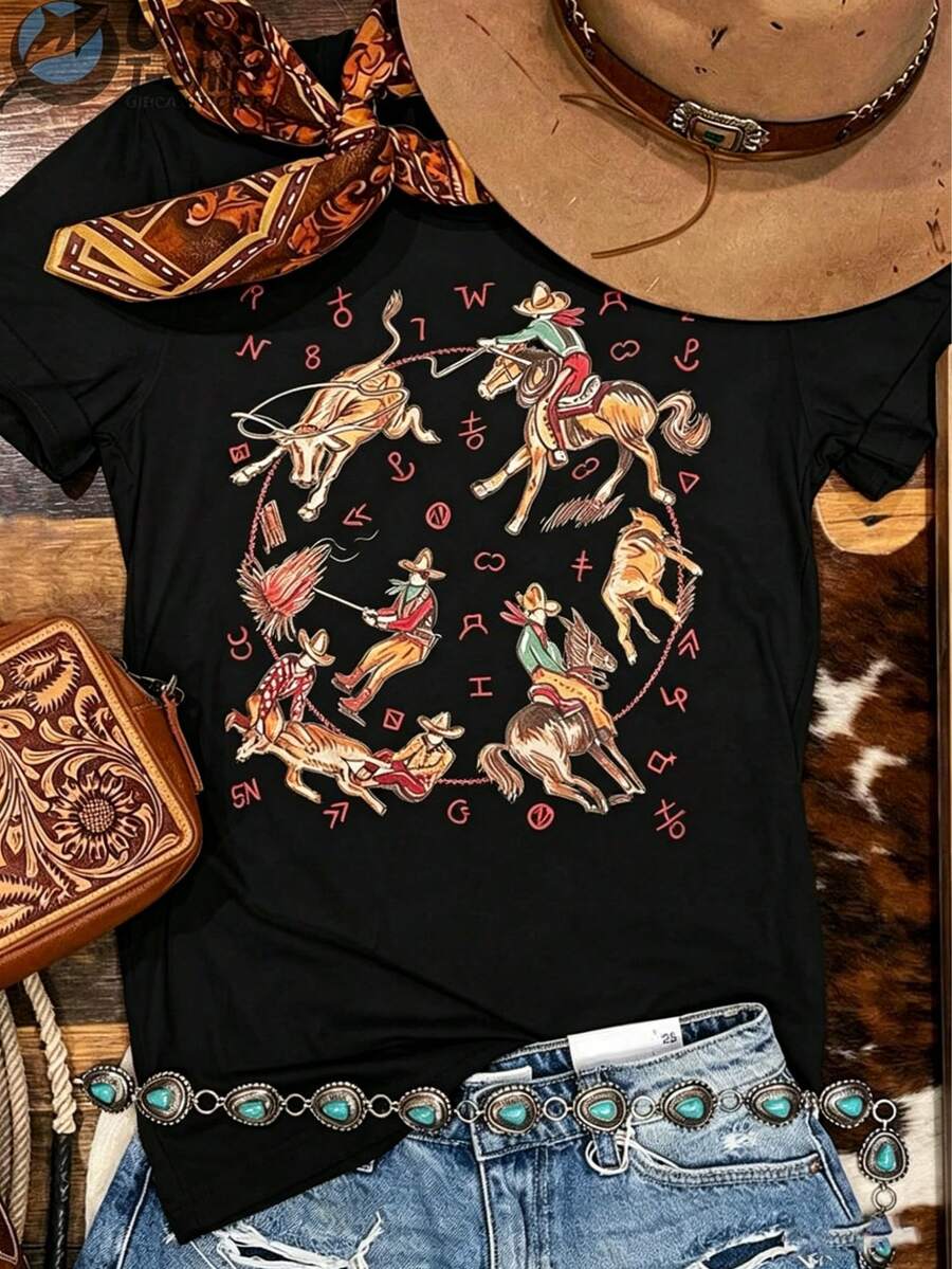 Western-Style Country Shirt Denim T-Shirt,Comfortable Short Round-Neck Inspired Shirt For Girls,Suitable For Outdoor, Home,Work,Or Street Casual Wear - 黑色 - 查看 1