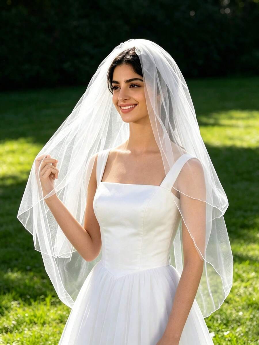 1 pieza Velo nupcial minimalista de doble capa, puede cubrir el rostro, con peine para el cabello, adecuado para registro de boda, fiesta individual