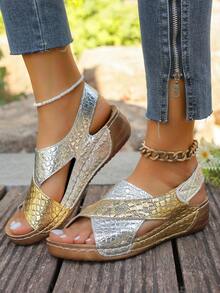 Sandal Selop Wanita Motif Bunga Bordir, Hak Wedges Empuk yang Nyaman, Sol Poliuretan yang Bernapas, Berbagai Motif, Sepatu Pantai, Sepatu Musim Panas - Emas dan perak - View 4