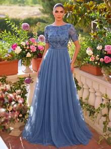 Faeriesty Elegant Women's Long A-Line Dress, Mesh Embroidery Sequin Floral Short Sleeve Round Neck Formal Evening Gown Vacation - Blue - View 1