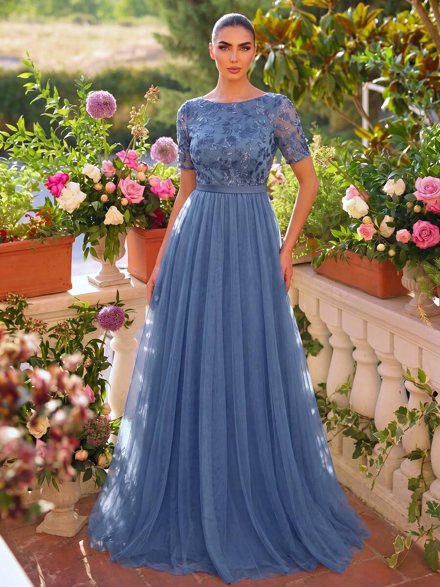 Faeriesty Elegant Women's Long A-Line Dress, Mesh Embroidery Sequin Floral Short Sleeve Round Neck Formal Evening Gown Vacation - Blue - View 1