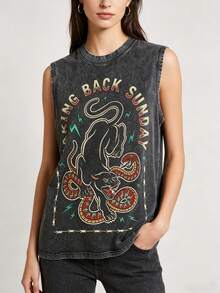 Men's Y2K Vintage Distressed Charcoal Gray Sleeveless Tank Top - Official TAKING BACK SUNDAY Rock Band Graphic Tee​ Featuring Dynamic Black Panth Er Pouncing On Snakes, Encircled By Razor Wire & Green Lightning, 100% Cotton Super Soft & Breathable, Emo Rock Streetwear Gift VS003-A - 黑色 - 查看 4