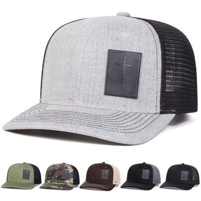 1顶男士十字皮革贴片卡车司机帽，缝制贴片棒球帽，街头时尚网眼帽，春秋季户外防晒休闲帽，适合旅行和海滩