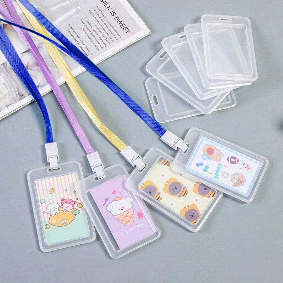 3个/套 随机卡通双面透明学生证卡套，创意校园卡套，可伸缩公交/地铁卡，证件挂绳