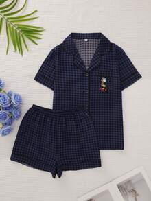 夏季格子睡衣套装，甜美可爱翻领纽扣短袖上衣和短裤，女士睡衣和休闲服 - 彩色 - 查看 1