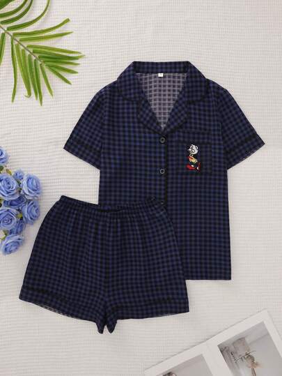 Summer Plaid Pajama Set, Sweet & Cute Lapel Button Short Sleeve Top And Shorts, Women Sleepwear And Casual Wear
