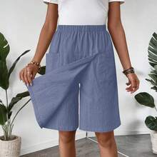Nueva moda para mujer, pantalones cortos informales con bolsillo y cintura elástica de Color sólido, culottes ligeros y acogedores para verano - Azul - Ver 4