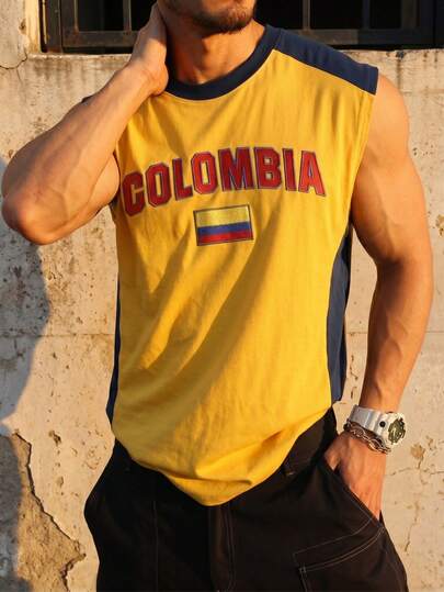 Fractyr Camiseta sin mangas con estampado frontal y trasero "COLOMBIA", bandera bordada y bloques de color, para hombre. Tela suave y vintage, estilo deportivo oversize y musculoso. Chaleco casual de verano retro de fútbol