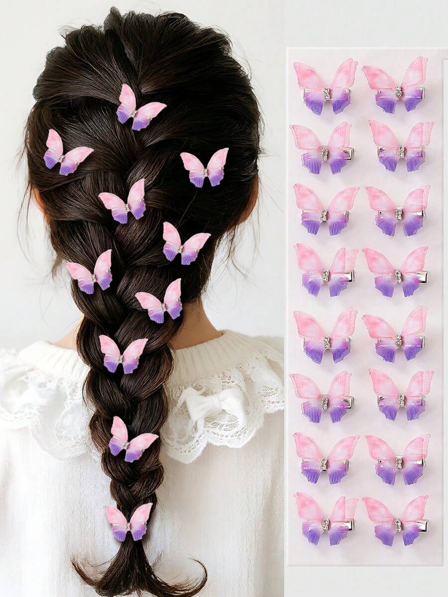 Set de 10 pinzas para el cabello de niña con doble capa de tul transparente con mariposas y cristales en degradado de morado a rosa, accesorios de pelo de princesa lindos para flequillo y lados - Multicolor - Ver 1