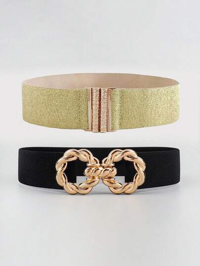 2pcs/Set Gold & Black Summer Casual Cute Sexy Street Vintage Luxury Minimalist Elastic Waist Belt, Suitable For Dresses, Skirts, Jeans, Daily, Work, Date, Holiday