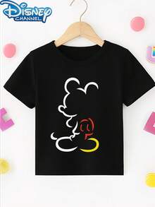 Disney 1pc Teen Boys Minimalist Mickey Mouse Outline Print Short Sleeve Tshirt Boys Clothes Kids Clothes Boys Shirts Summer - Black - View 2