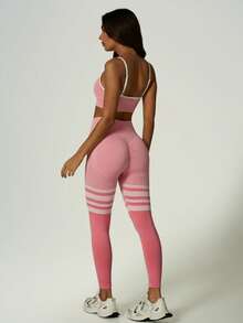 UONNOU Seamless Striped Sports Leggings, Butt Lifting Compression Workout Pants - Pink - View 7