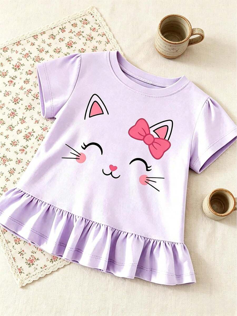 Áo thun thời trang mùa hè cho bé gái, in hình mèo con dễ thương màu tím oải hương, viền bèo nhún. - Màu tím hoa cà - Xem 1