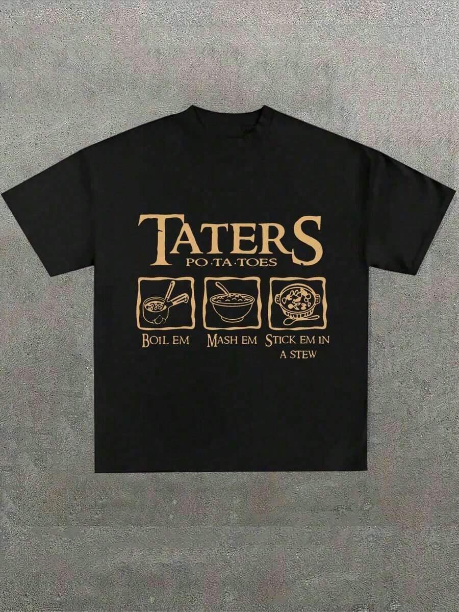 Humorvolles Kartoffel-Rezept-inspiriertes Motiv, bedrucktes, lässiges, weiches, kurzärmeliges T-Shirt aus reiner Baumwolle (220 g/m²) - Herren-T-Shirt - Schwarz - Übersicht 1