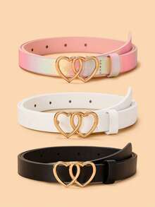 3pcs Kids New Style Double Heart Buckle Belts, High Quality PU Waist Bands For Jeans, Dresses - Multicolor - View 2