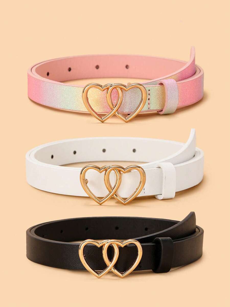 3pcs Kids New Style Double Heart Buckle Belts, High Quality PU Waist Bands For Jeans, Dresses