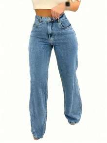 Quần jeans nữ dáng rộng, ống thẳng, kiểu dáng cơ bản, có túi. - Rửa trung bình - Xem 4