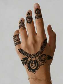 Șablon de tatuaj floral gol desenat manual Hana - model floral sexy, potrivit pentru mâini, pictură DIY, cerneală, autocolant reutilizabil pentru șablon de design Mandala, potrivit pentru machiaj de corp pentru femei și petreceri - Negru - Vizualizare 4