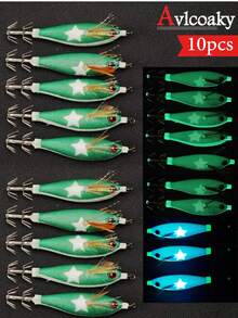 Avlcoaky 10pcs Horizontal Squid Jig Egi Set 8cm Luminous Glow In The Dark Wood Shrimp Lure UV Reactive Saltwater Cuttlefish Octopus Bait - Multicolor - View 1