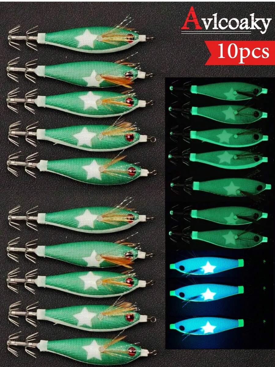 Avlcoaky 10pcs Horizontal Squid Jig Egi Set 8cm Luminous Glow In The Dark Wood Shrimp Lure UV Reactive Saltwater Cuttlefish Octopus Bait - Multicolor - View 1