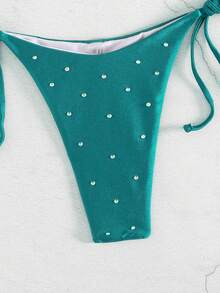 New Arrival European And American Women's Solid Color Rhinestone Halter Split Bikini Set Vacation Beach Summer - Peacock Blue - View 4