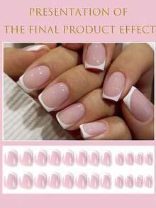 120 piezas Conjunto de uñas postizas francesas de cobertura total! Uñas falsas francesas, de cobertura total, adecuadas para mujeres y niñas, productos de uñas adhesivos de un solo uso. - Blanco - Ver 5