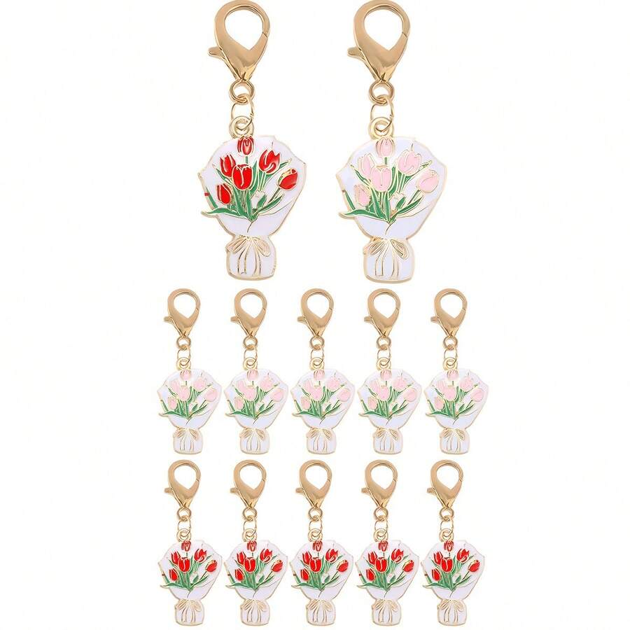 30pcs Red & Pink Flower Keychain Set, Daily Backpack Hanging Decor, Shoe & Boot Accessories, Mother's Day "Mom" Gift, Student Graduation, Wedding, Teacher Gift - Multicolor - View 1