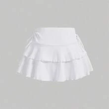 2025 nueva falda de Color sólido para mujer moda de verano al aire libre versátil cintura alta Slim Fit Falda corta de cintura elástica productos en Stock - BLANCO - Ver 4