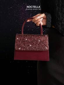 Noctella 闪亮四件套水钻首饰套装，包括吊坠项链、耳环和手链，搭配奢华闪亮亮片晚宴包/派对包，新款时尚翻盖手提包，适合派对女孩、新娘、节日礼物、婚礼手拿包、派对包，完美搭配节日派对礼服、晚礼服和亮片连衣裙。 - 酒紅色 - 查看 8