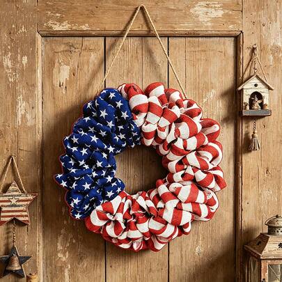 [Phiên bản giới hạn Ngày Độc lập] Vòng hoa cờ Mỹ ngày 4 tháng 7 kèm khung gỗ, vòng hoa sao và sọc 14,56 inch, trang trí Ngày Độc lập, nhẹ 215g và dễ treo, thích hợp sử dụng trong nhà và ngoài trời.