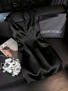 Vestido mini de estilo francés con tirantes de acetato y lazo, vestido elegante con cintura ceñida en color albaricoque, adecuado para fiestas, graduaciones, vacaciones, San Valentín, festivales de música, Día de la Madre, Acción de Gracias, Pascua, Día Nacional, bailes, citas, bodas, salidas - Albaricoque - Ver 9