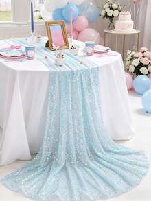 1pc Blue Mermaid Sequin Table Runner, Mermaid Theme Party Tablecloth, Polyester Rectangular Glitter Table Runner, Holiday Birthday Wedding Party Decor Tablecloth, Bridal Shower/Bachelorette Party Supplies Tablecloth, Dining Table/Party Table Decor Tableskirt, Home Decor Table Cloth Set, Party Gifts Birthday Wedding Decorations - Blue - View 4