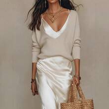 Fashionable New Women Satin Top Dress 2-Piece Set Elegant Business Casual Long Sleeve Office Outfit - 杏色 - 查看 3